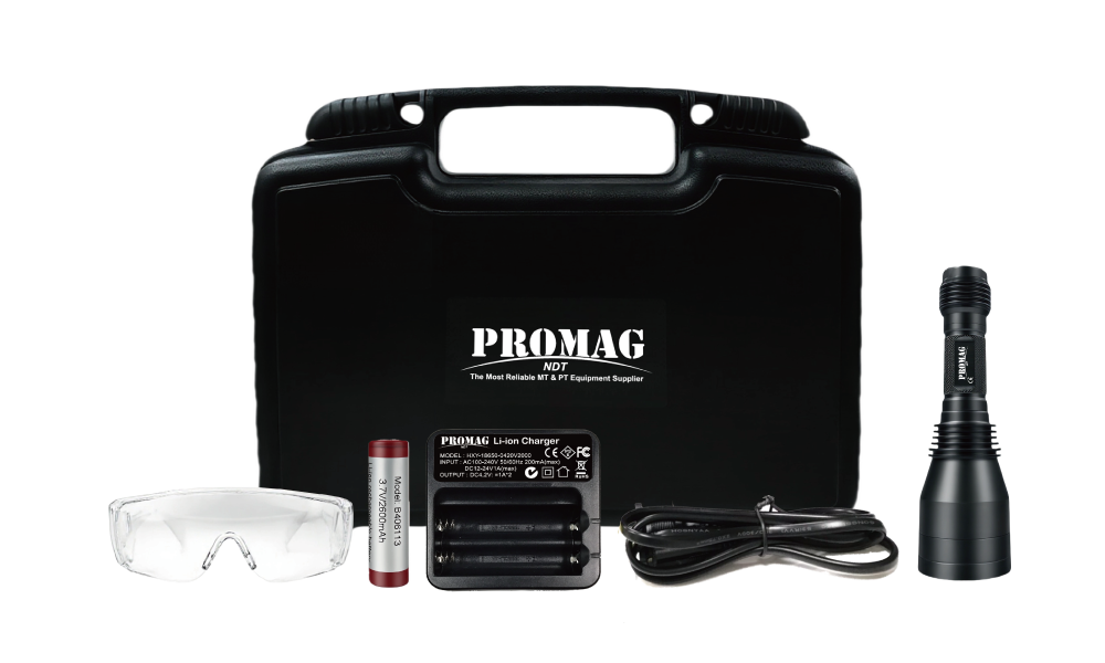 PROMAG PROUV 100/200 standard set — UV-A LED torch, charger, battery, goggles and carry case