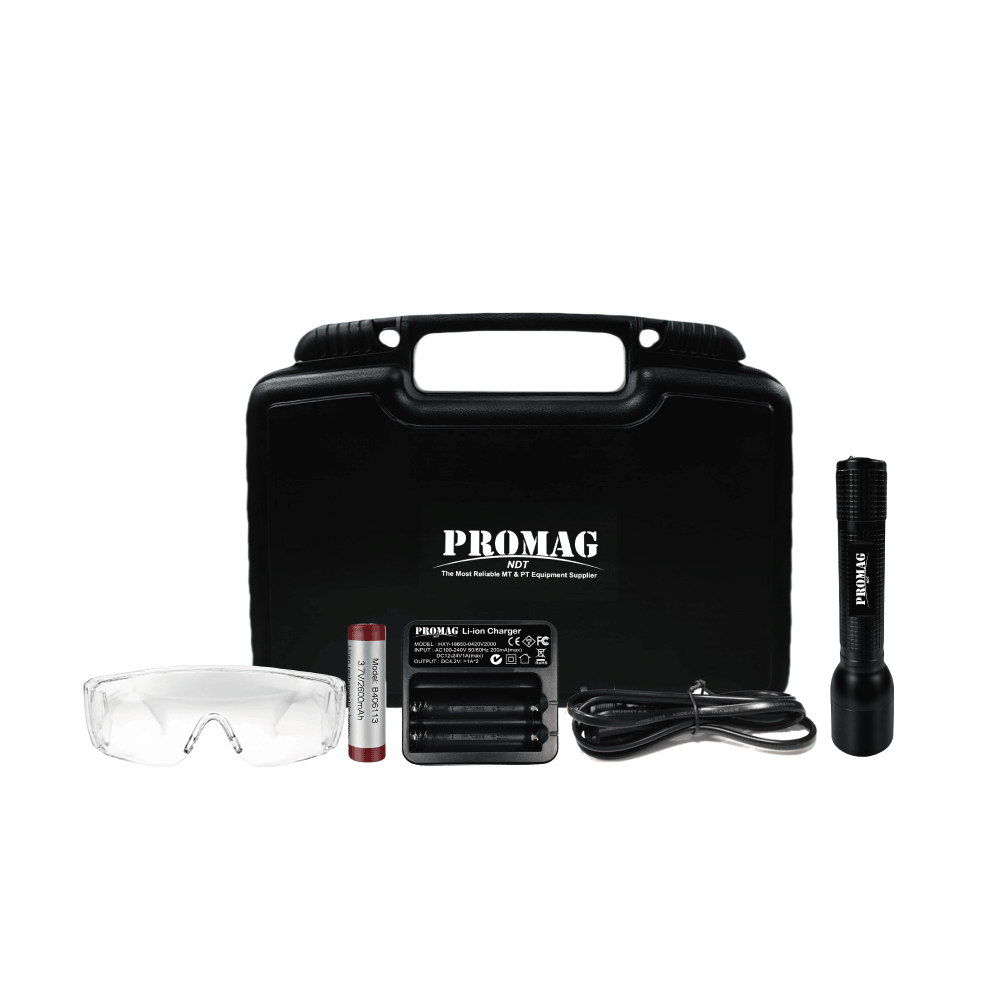 PROMAG PROUV 50 standard set — UV-A LED torch, charger, battery, goggles and carry case