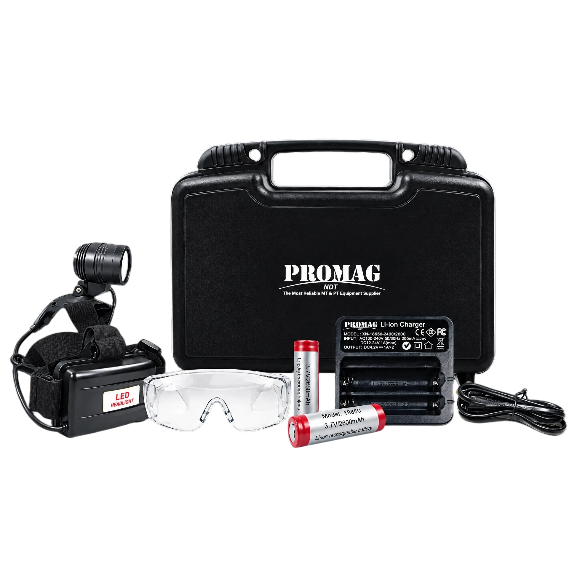 PROMAG OWL-80 standard set — LED UV-A headlamp, battery charger with cord, rechargeable batteries, UV-A goggles and carry case